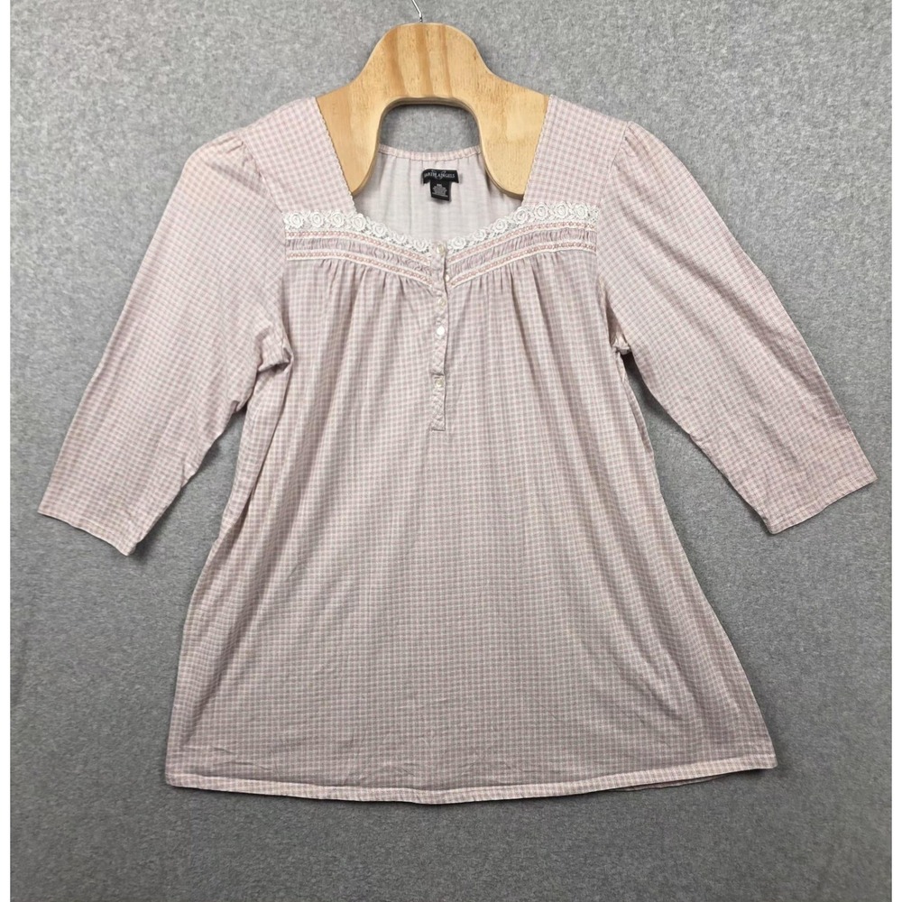 Earth Angels Sleepshirt Womens 2XL Pink Check Lace Trim Chemise Prairie Cottage